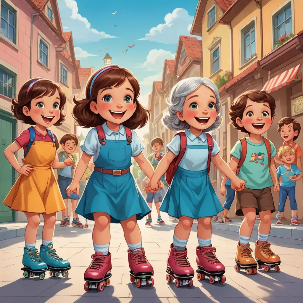 a group of children riding skateboards down a street next to a crowd of people on roller skates, kitsch movement, a storybook illustration, Ada Gladys Killins, official art