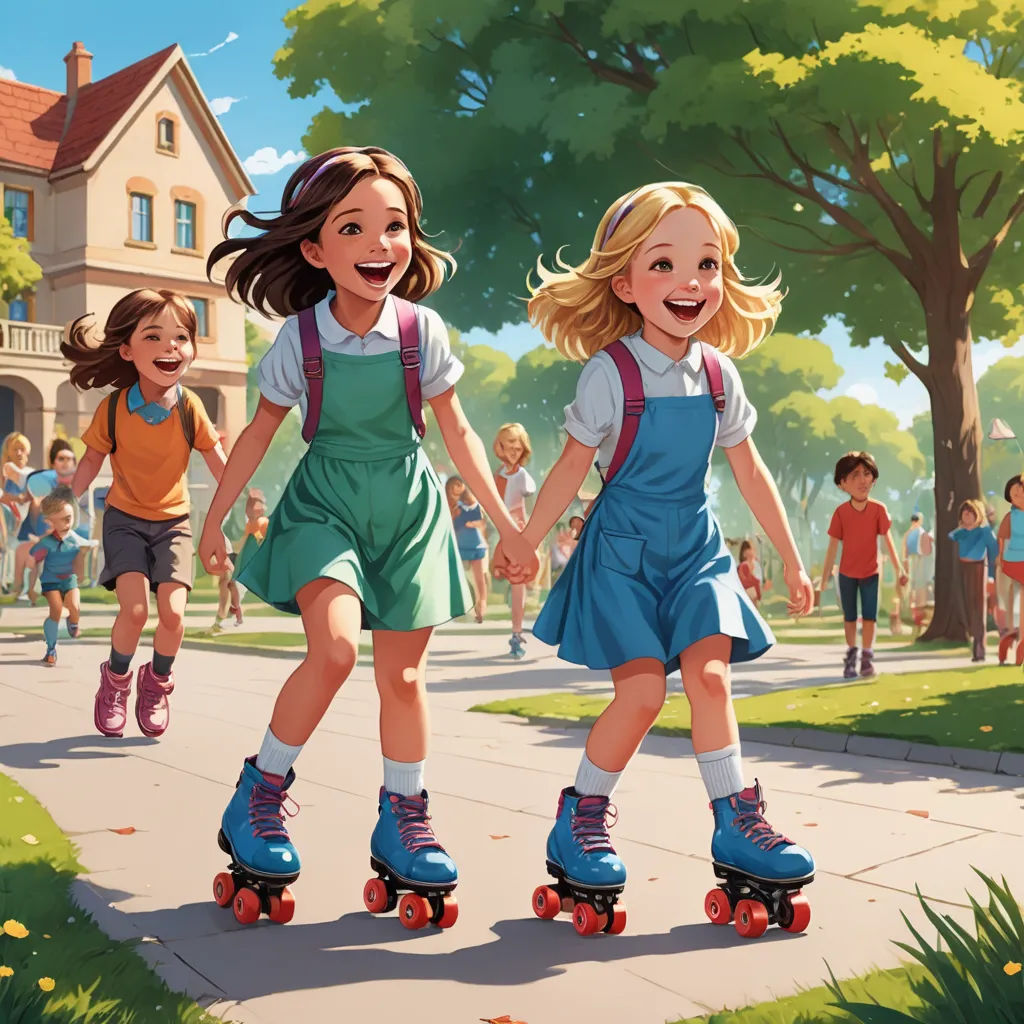 a group of children rollerblading down a sidewalk in front of a house with a group of people watching, american scene painting, a storybook illustration, Diego Gisbert Llorens, rossdraws global illumination