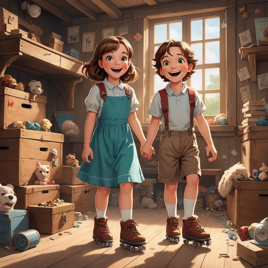 a couple of kids standing next to each other in a room filled with boxes and stuffed animals on the floor, sots art, a storybook illustration, Bob Byerley, rossdraws global illumination