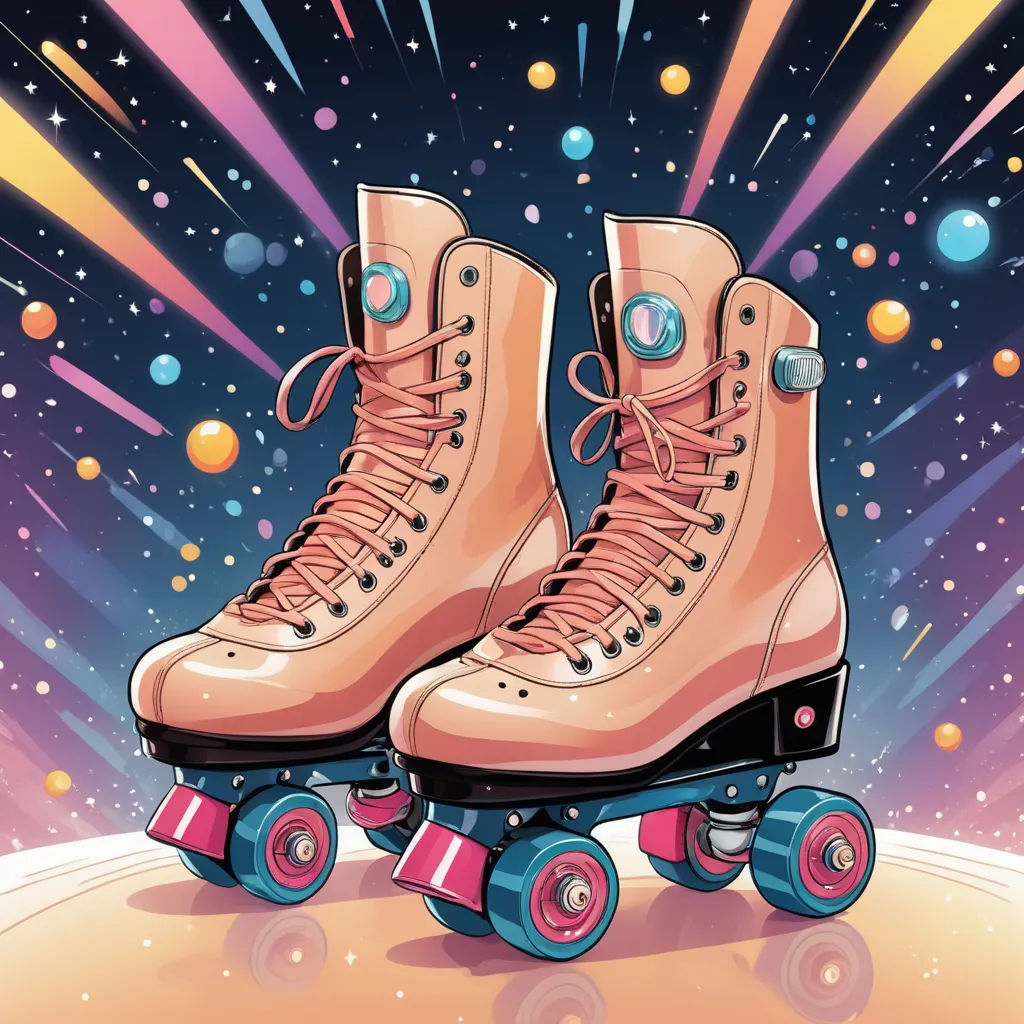 a pair of roller skates with pink laces on a colorful background with bubbles and stars in the sky, retrofuturism, vector art, Diego Gisbert Llorens, josan gonzales and dan mumford