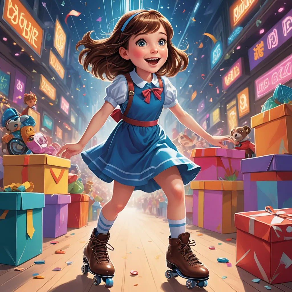a cartoon girl riding a skateboard through a city street with lots of presents on the floor and a teddy bear, altermodern, a storybook illustration, Artgerm, rossdraws global illumination