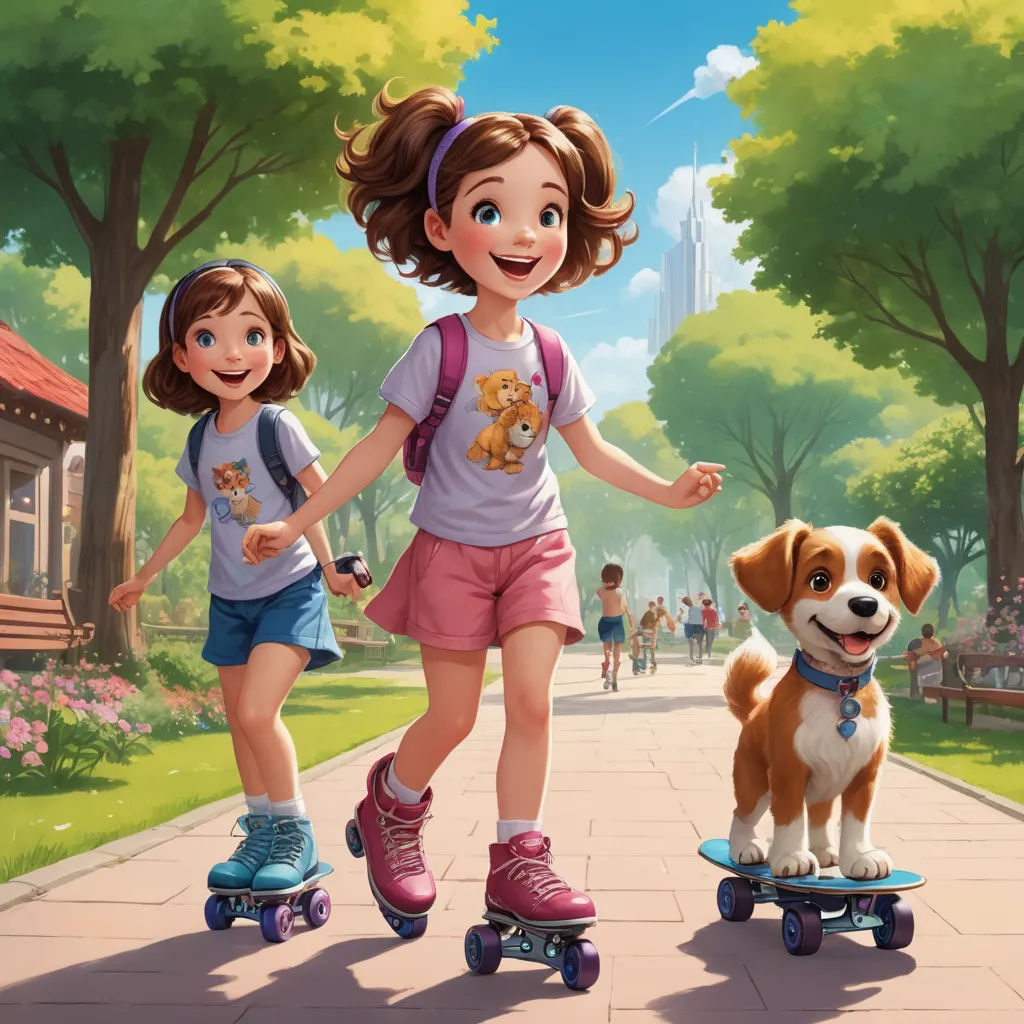 a girl and a dog are riding skateboards down a path in a park with a dog on the back, american scene painting, a storybook illustration, disney, official art