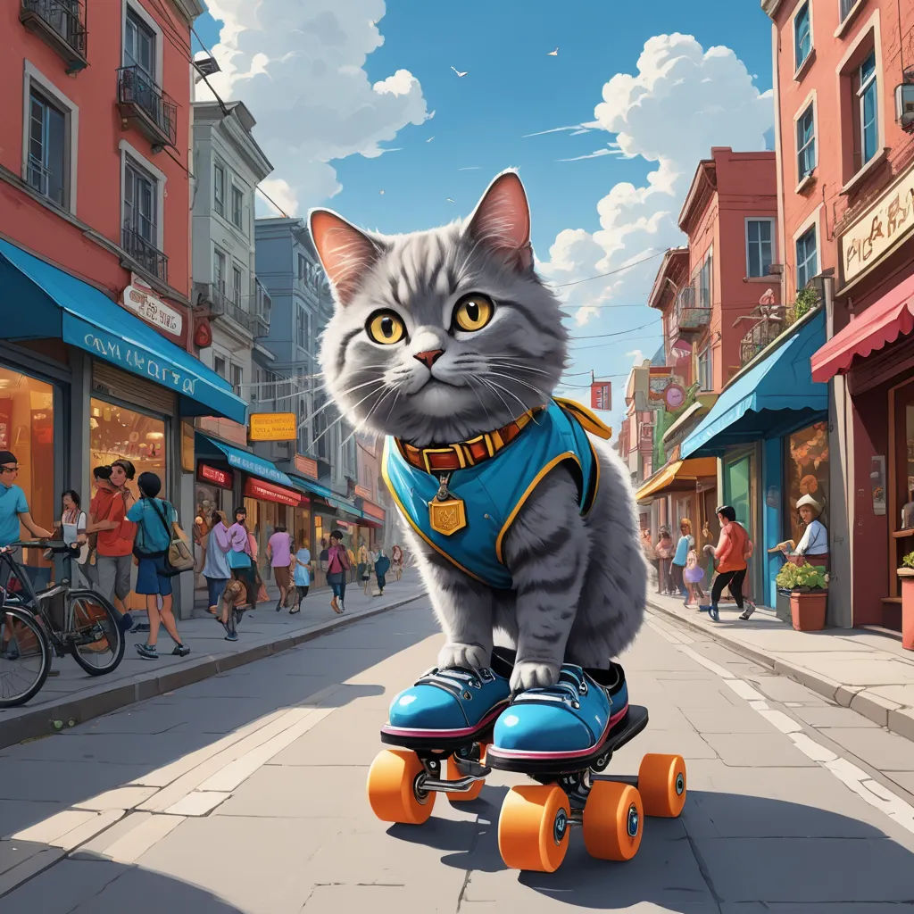 a cat riding a skateboard down a street next to a crowd of people and buildings on a sunny day, photorealism, a storybook illustration, Chris LaBrooy, trending on art station
