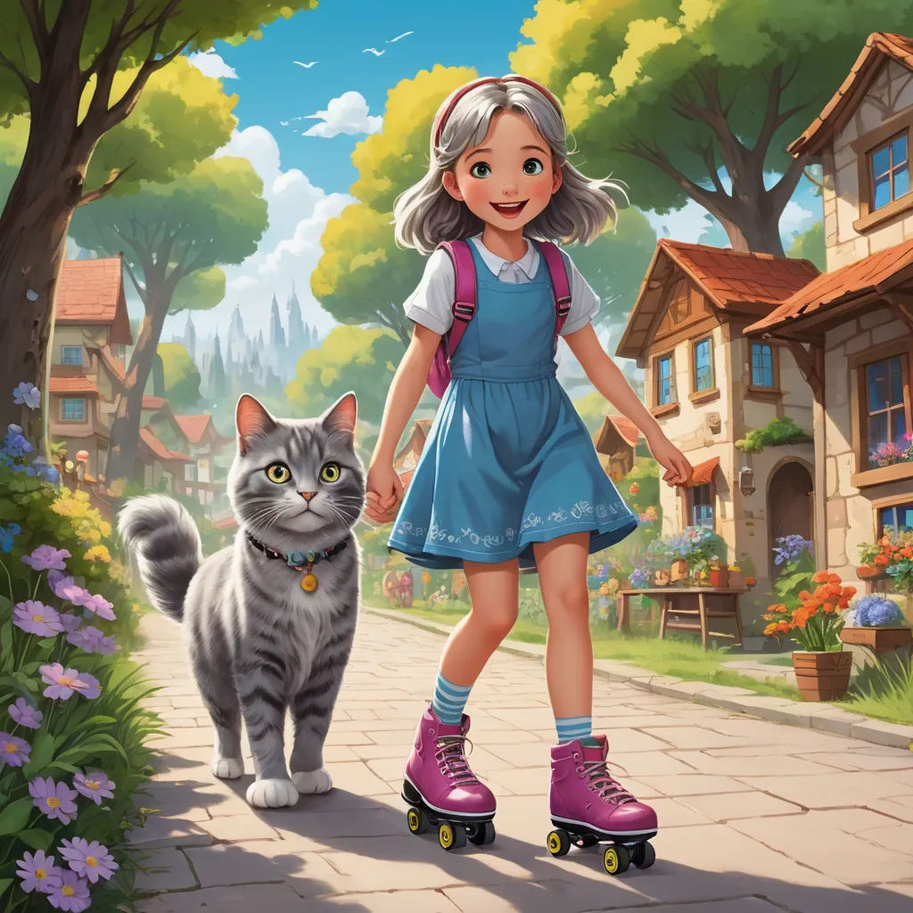 a girl in a blue dress is skateboarding with a cat on a sidewalk in front of a house, american scene painting, a storybook illustration, Bob Byerley, official art