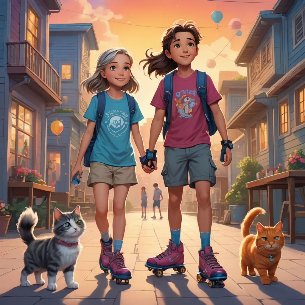 a couple of kids riding skateboards down a street next to a cat and a cat on a leash, american scene painting, a storybook illustration, Bob Byerley, rossdraws global illumination