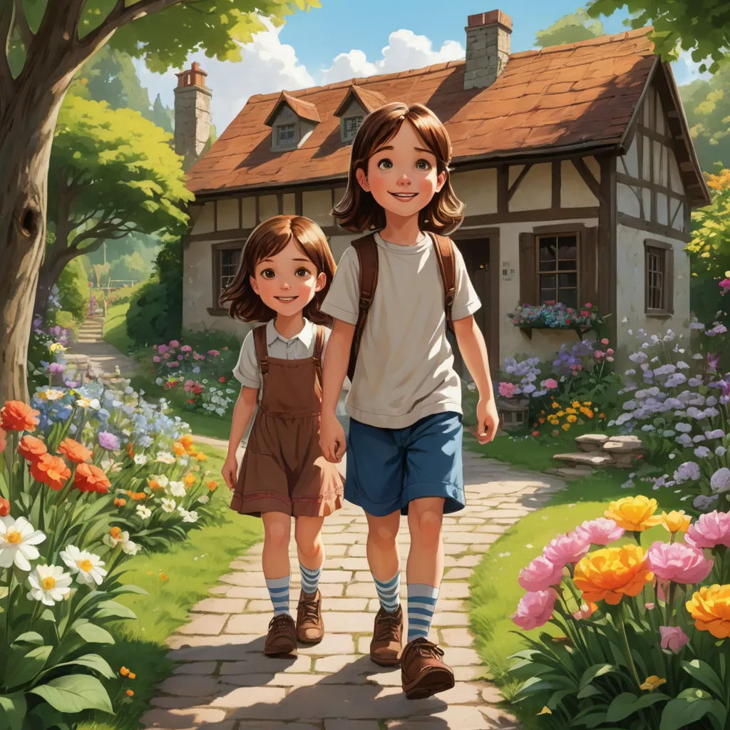 a painting of two children walking down a path in a garden with flowers and a house in the background, american scene painting, a storybook illustration, Brothers Hildebrandt, official art