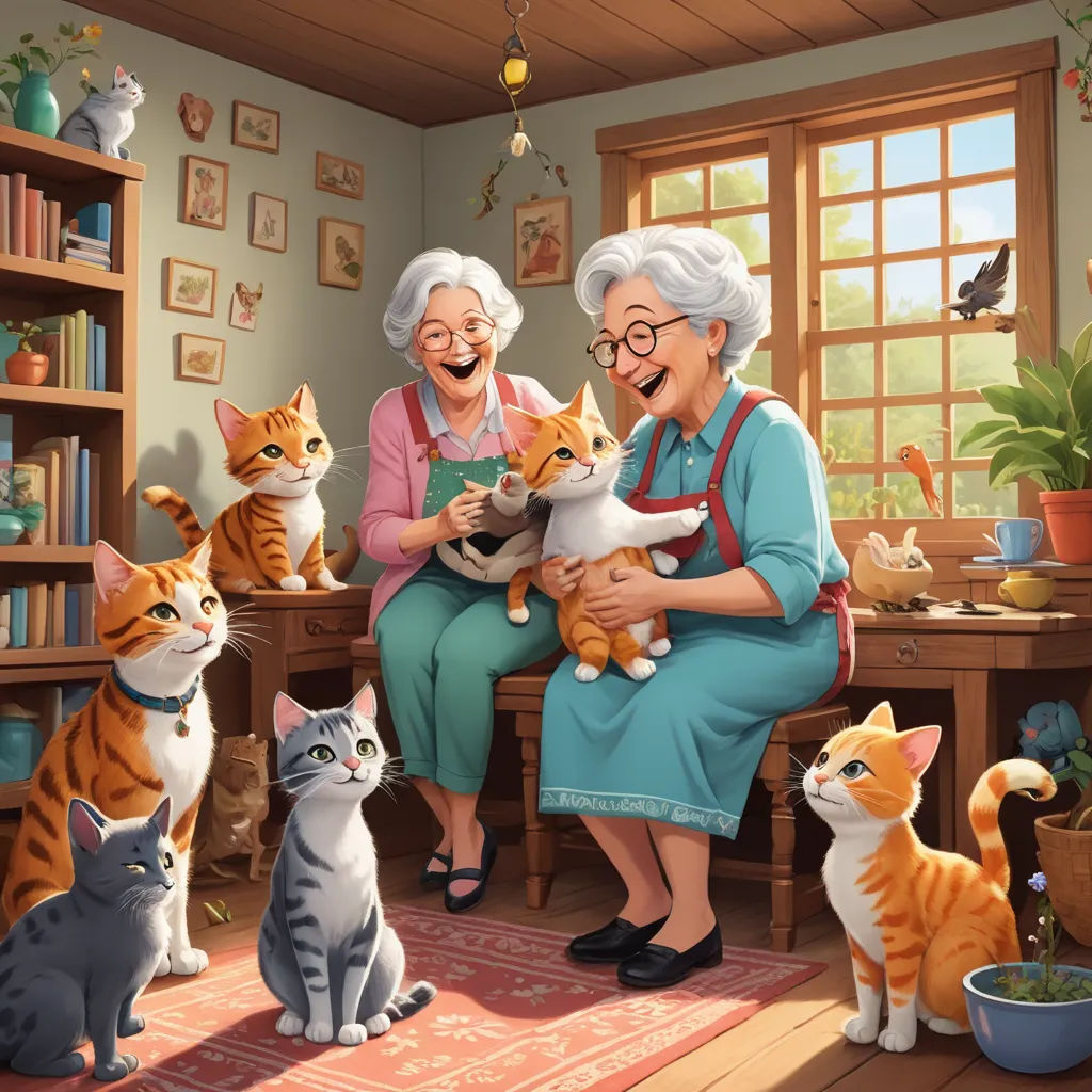 a painting of an elderly woman holding a cat and several cats sitting on a rug in a room with a cat and a cat on a rug, sots art, a storybook illustration, Chris LaBrooy, storybook illustration