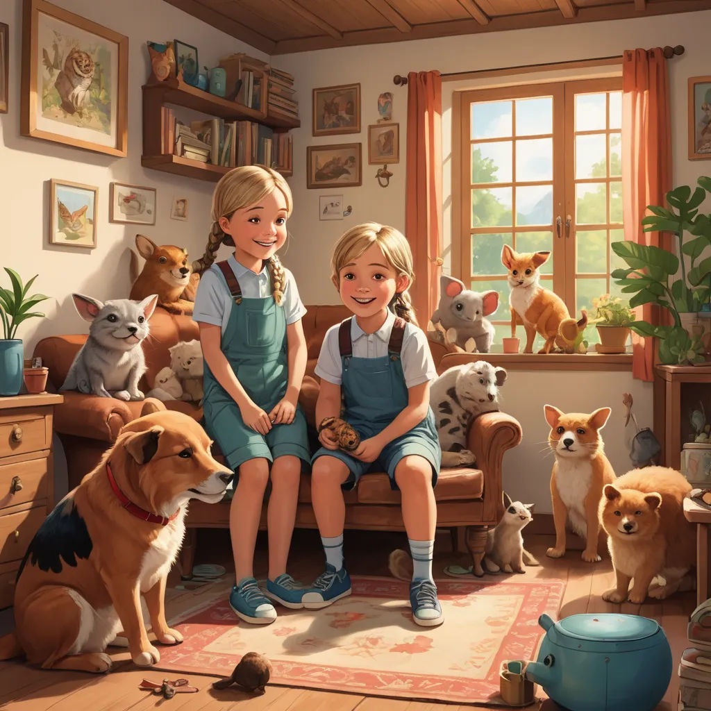 a painting of two girls sitting on a couch surrounded by dogs and cats in a living room with a cat on the floor, furry art, a storybook illustration, Aaron Jasinski, official art