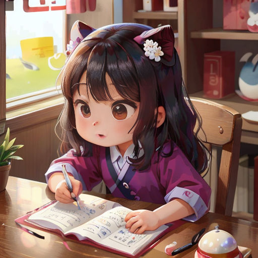 a girl sitting at a table with a book and pen in her hand and a cat ears on her head