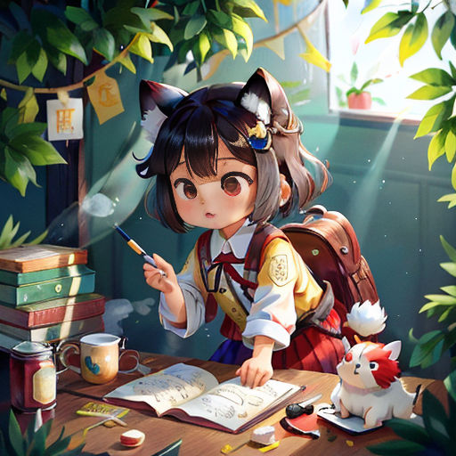 a girl is writing in a book while sitting at a desk with a cat on it and a cat on the table