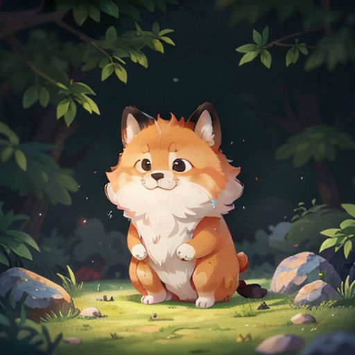 a fox sitting in the middle of a forest with rocks and grass around it, looking at the camera