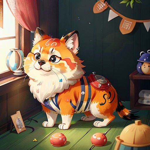 a cat standing in a room with a window and a teapot on the floor next to it and a teddy bear