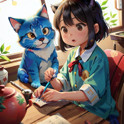 a girl sitting at a desk with a cat on her lap and a book in front of her,