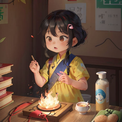 a girl is sitting at a table with a cake and a cup of tea in front of her and a stack of books