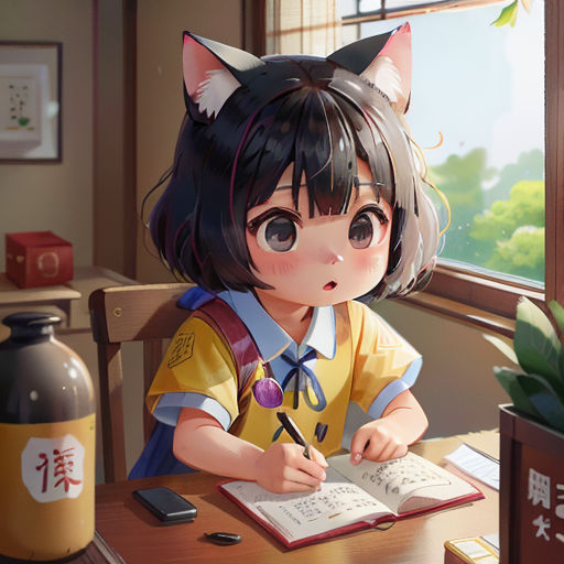a girl sitting at a desk with a book and pen in her hand and a cat ears on her head