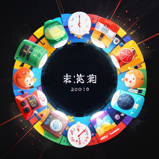 a circular picture with a clock and various icons in it, all in a circle with a black background