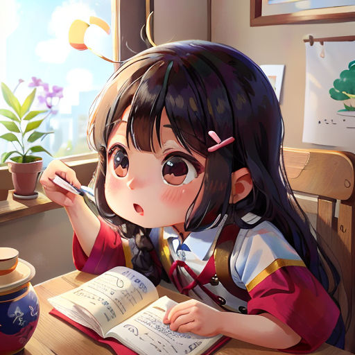 a girl sitting at a table with a book and pen in her hand and a potted plant in the background