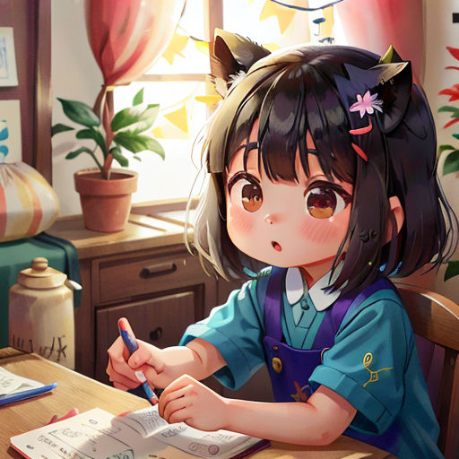 a girl sitting at a desk writing on a piece of paper with a cat ears on her head and a cat ears on her head