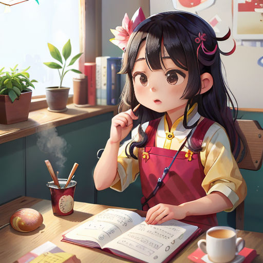 a girl sitting at a table with a book and a cup of coffee in front of her and a book on the table