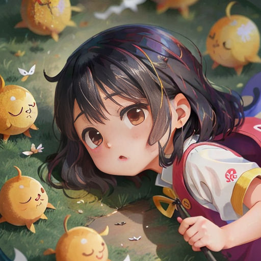 a girl laying on the ground with her head down and eyes closed, surrounded by small yellow and white balls