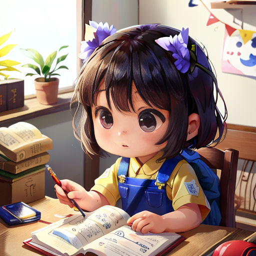a little girl sitting at a desk with a book and pen in her hand and a book open to her left