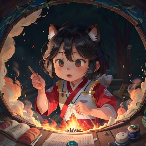 a girl in a red kimono holding a match in her hand and a cat on her shoulder, in front of a fire