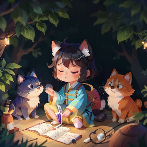 a little girl sitting on a table with cats and a book in front of her, reading a book