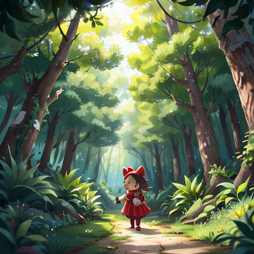 a little girl walking through a forest with a red bow on her head and a red dress on her shoulders