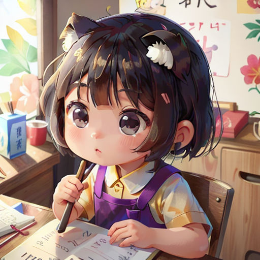 a girl sitting at a desk with a pen in her hand and papers in front of her face, with a flowered wallpaper on the wall behind her