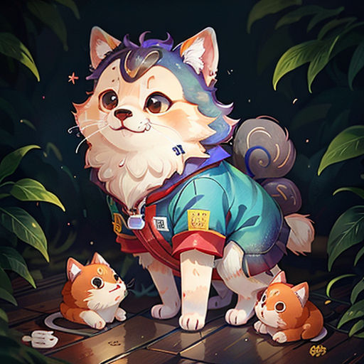 a cat and two kittens are standing in the woods together, with a cat wearing a backpack and a cat wearing a shirt