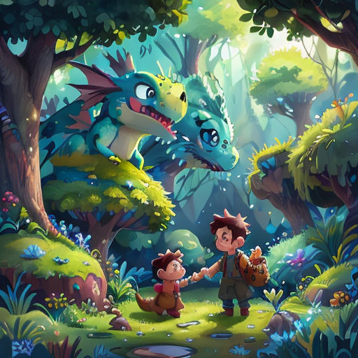 a boy and a girl are walking through a forest with a dragon in the background and a dog in the foreground