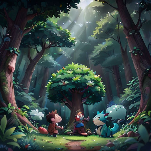 a cartoon scene of a forest with a little boy and a girl in the middle of the forest, surrounded by animals