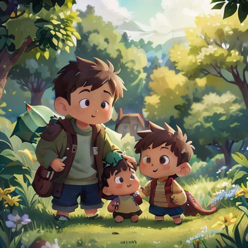 a man and two children are standing in the woods with an umbrella in hand and a dog in the other hand