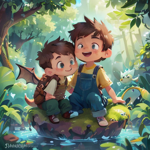 two children sitting on a rock in the woods with a dragon and a dragon on it's back