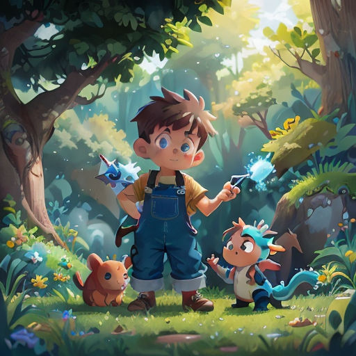 a boy in overalls holding a wand in a forest with other animals and plants around him, with a forest background