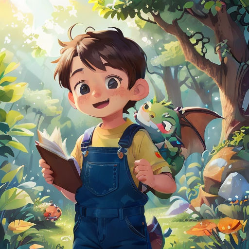 a boy with a book in his hand and a dragon on his shoulder in the background, a forest with a boy holding a book