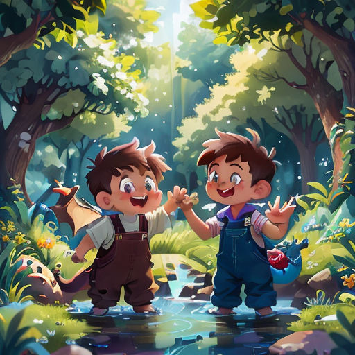 two boys are standing in the woods and one boy is holding his hands out to the other boy with his hands out