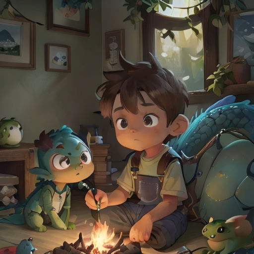 a boy sitting on the floor next to a fire with a dragon on it and another boy holding a stick