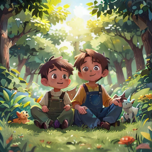 two boys sitting in the woods with a dog and a cat in front of them, looking at the camera