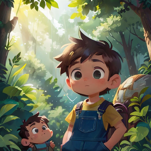 a boy and a boy standing in the woods with a backpack on their shoulders and a backpack on their back