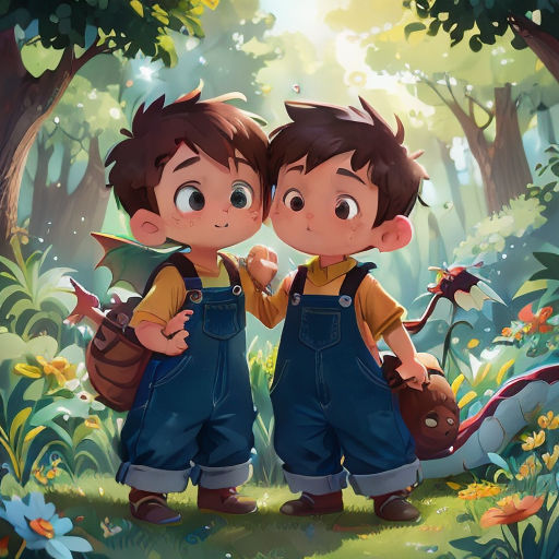 two boys are standing in the woods with their backs to each other and looking at something in the distance