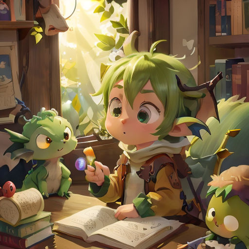 a cartoon character is reading a book with a dragon and other characters around her in a library with a book