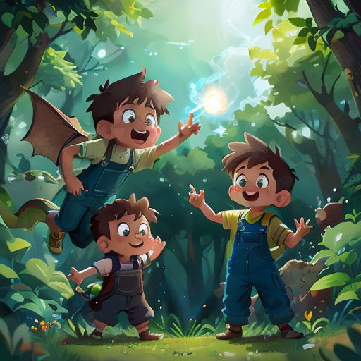 three children in the woods with a light shining on them and a dragon flying above them, with a boy in the foreground
