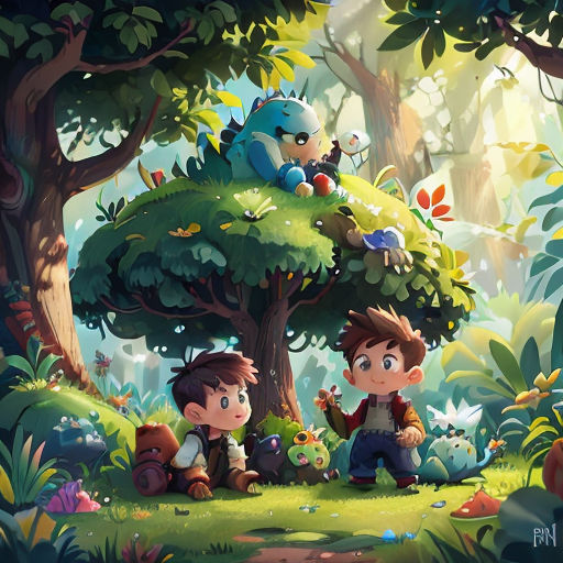 two children sitting under a tree in the forest with a stuffed animal on top of it's head