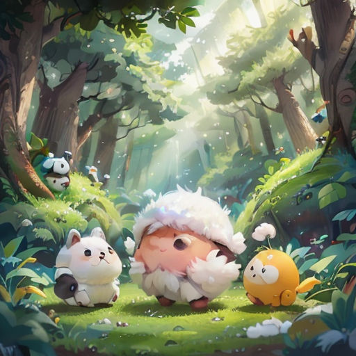 a group of animals in a forest with trees and grass in the background, with a person standing in the middle of the picture