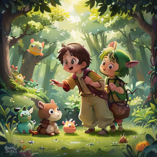 a boy and girl are standing in the woods with animals and a forest background with a sunbeam and a forest