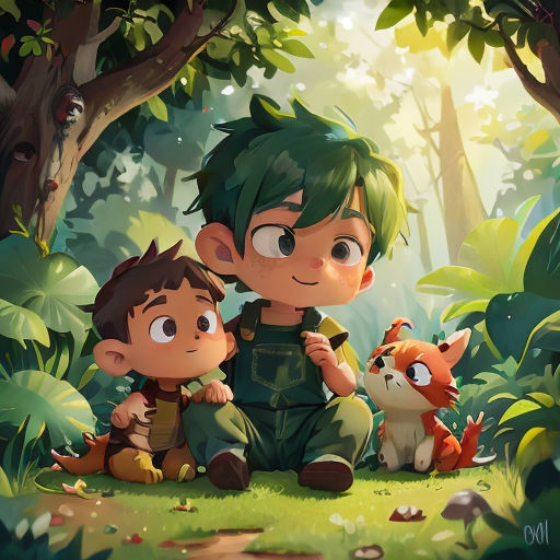 a boy and a girl sitting in the woods with a fox and a dog on their lap, looking at the camera