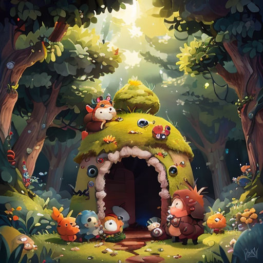 a cartoon scene with a little house in the woods with animals around it and a forest scene with a little house in the woods
