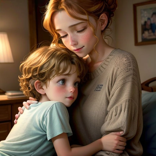 a woman and a child are hugging each other on a bed in a room with a lamp on the side