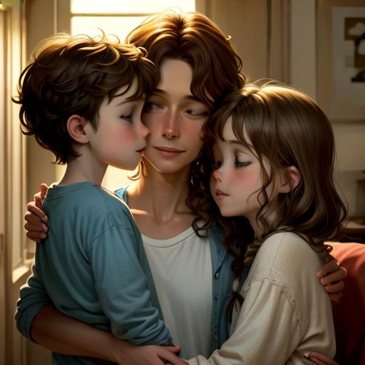 a painting of three children hugging each other in a room with a window in the background and sunlight coming through the window